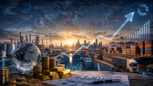 Global economic growth and industrial trade concept with rising financial graphs overlaid on a port and refinery skyline, gold bars, coins, globe and cargo logistics
