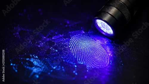 Close-up of a luminescent fingerprint on a dark surface revealed by a handheld ultraviolet flashlight, showing fluorescent powder patterns in forensic crime-scene investigation
