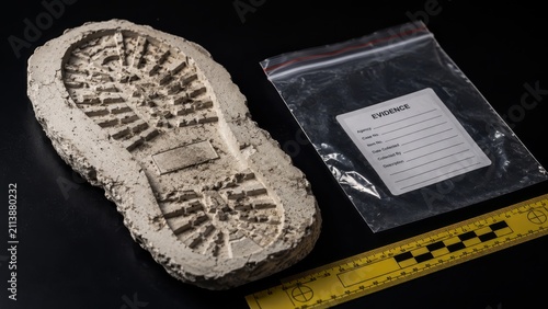 Detailed plaster cast of a shoe tread impression from a crime scene, displayed alongside a sealed evidence bag and a forensic measurement ruler on a black background