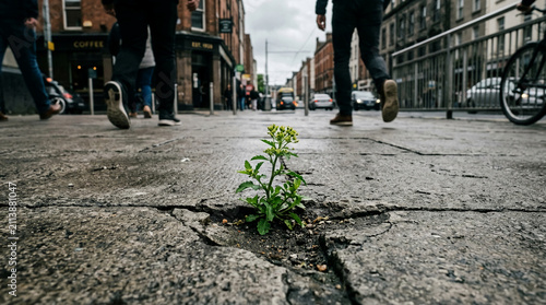 A lone green plant sprouts through a crack in a wet city pavement, symbolizing resilience and hope amidst urban life, perfect for inspiration themes.