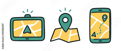 GPS colorful doodle set. Set of colored doodle icons on a white background