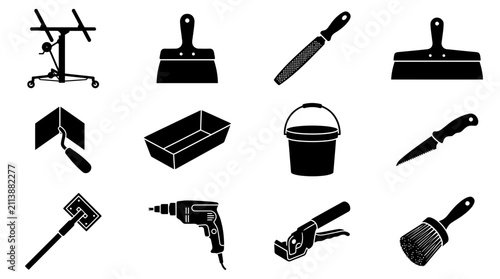 Set of twelve black construction and renovation tools icons.