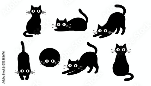 Foto Cats in various postures depict a set of black silhouettes with expressive eyes on a white background