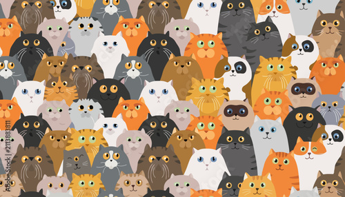Foto Cats of various breeds and colors are tightly packed together in this colorful pattern illustration