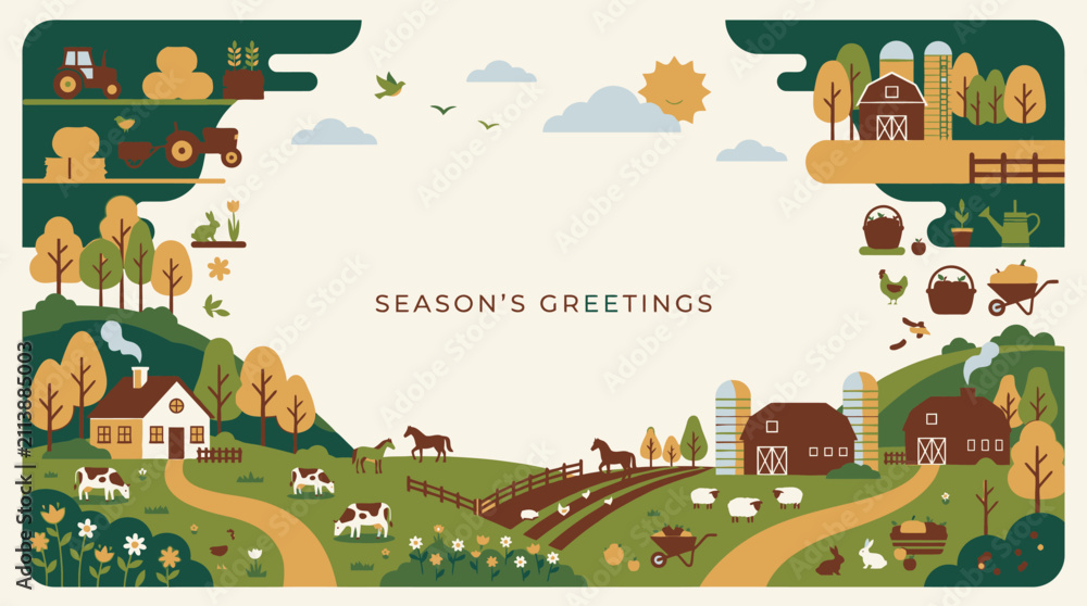 Fototapeta premium Farm landscape and village seasonal greetings border.