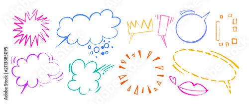 Colorful crayon drawings of fun cartoon hand drawn emotional communication concept symbols. Playful vector collection with speech bubbles, cloud doodles, lips, crown, punctuation marks, frames and