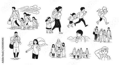 Refugee Family Migration and Journey Sketch Vector Set