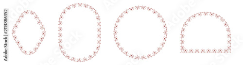 Dark red bow lace border frame set featuring circle oval diamond arch shapes, delicate ribbon garland trim isolated on white background vector illustration for wedding invitations romantic stationery