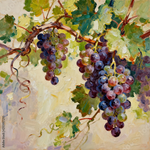 Impasto oil painting of glossy grape clusters hanging on vine with green leaves