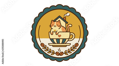 Cat in coffee cup badge logo.