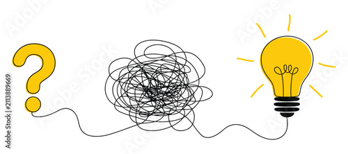 Fotografía From Confusion to Clarity: A yellow question mark leads to a tangled mess of lines, finally culminating in a bright, illuminated lightbulb