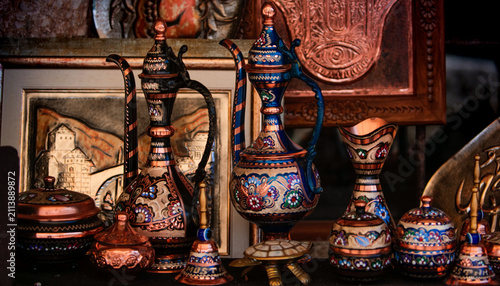 Cuadro en lienzo Photographs and paintings of Mostar, a historic and colorful Bosnian city and European tourist destination, featuring coffee culture
