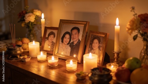 Ancestral Shrine: A dimly lit, warm-toned image of an ancestral shrine adorned with framed photographs of loved ones, lit candles, incense, and offerings of fruit, evoking a sense of remembrance.