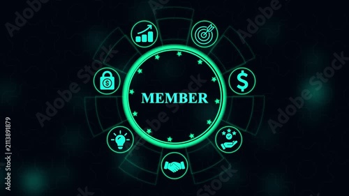 Digital member subscription concept with glowing business and financial growth symbols on dark background