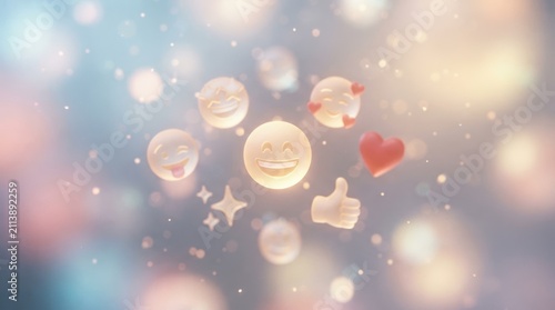 Glowing 3D emojis and floating heart icons on a magical bokeh background representing social media interaction, digital communication, and online love concept