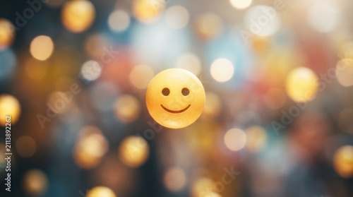Smiling face emoji floating in a sea of glowing bokeh lights representing happiness, positivity, and digital communication concepts