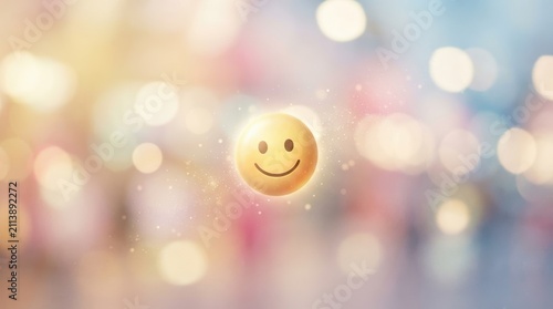 A glowing 3D smiley face emoji surrounded by bokeh lights, representing happiness, positivity, and joy in a modern abstract concept