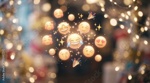 Magical glowing emojis floating in a festive bokeh lights background representing joy, celebration, and happiness for digital communication and social media concepts