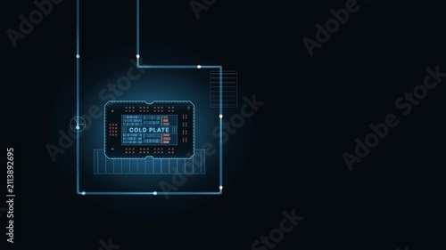 Dynamic thermal liquid cooling loop animation showcasing a cold plate with glowing coolant, intricate pipe designs, and an atmospheric dark background, perfect for tech presentations or educational
