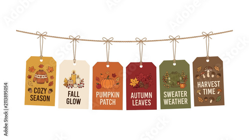 Cuadro en lienzo Autumn Vibes Collection: A charming string of seasonal tags celebrating fall's essence, featuring cozy season, fall glow, pumpkin patch, autumn leaves, sweater weather, and harvest time