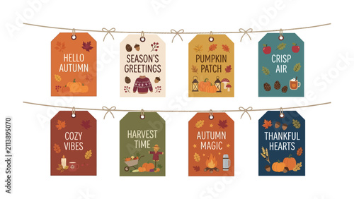 Canvastavla Autumnal Delights Tags: A charming collection of decorative tags featuring cozy autumn themes, from pumpkin patches and harvest time to crisp air and thankfulness