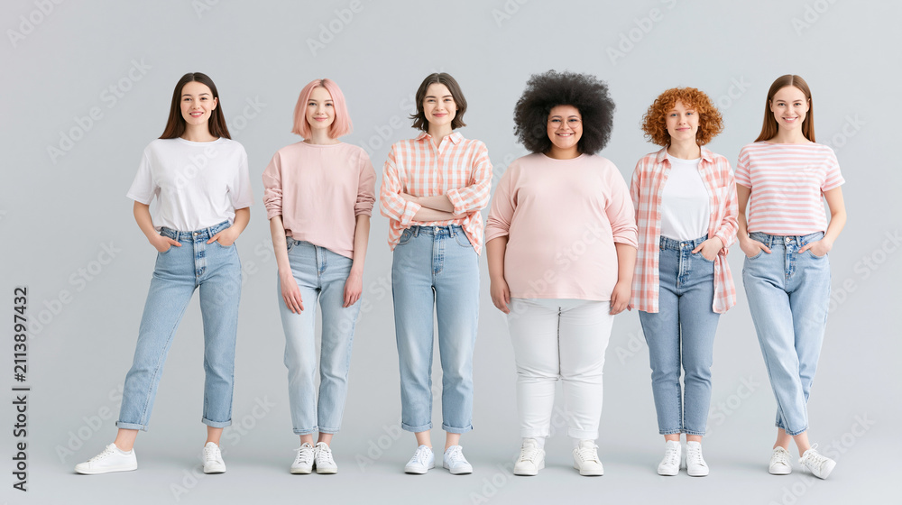 Obraz premium Diverse group of young women in casual outfits standing together against gray backdrop.