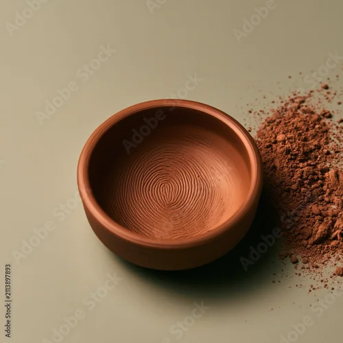 Obraz Handmade Terracotta Ramekin with Pressed Thumbprint on Sage Green