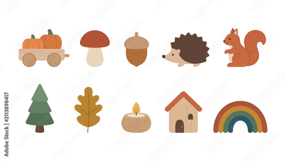 Fototapeta premium Autumnal Delights: A charming collection of whimsical autumn-themed illustrations featuring pumpkins in a wagon, a mushroom, acorn, hedgehog, squirrel, evergreen tree, oak leaf, candle, little house.