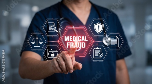 Medical fraud concept with healthcare professional pointing at digital interface showing legal, security, and compliance icons in a hospital setting for insurance and billing ethics.