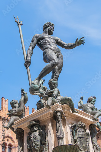 Fountain of Neptune (Fontana del Nettuno) located in the eponymous square, Neptune Square, next to Piazza Maggiore. The fountain was completed in 1565. BOLOGNA, ITALY.