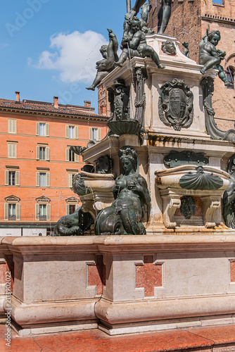 Fountain of Neptune (Fontana del Nettuno) located in the eponymous square, Neptune Square, next to Piazza Maggiore. The fountain was completed in 1565. BOLOGNA, ITALY.