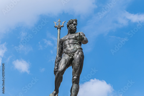 Fountain of Neptune (Fontana del Nettuno) located in the eponymous square, Neptune Square, next to Piazza Maggiore. The fountain was completed in 1565. BOLOGNA, ITALY.