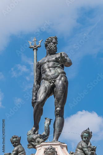 Fountain of Neptune (Fontana del Nettuno) located in the eponymous square, Neptune Square, next to Piazza Maggiore. The fountain was completed in 1565. BOLOGNA, ITALY.