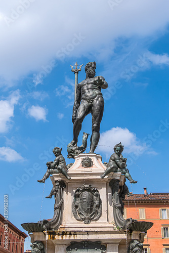 Fountain of Neptune (Fontana del Nettuno) located in the eponymous square, Neptune Square, next to Piazza Maggiore. The fountain was completed in 1565. BOLOGNA, ITALY.