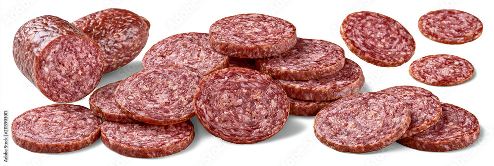 Obraz premium Slices of savory cured salami arranged on a white background.