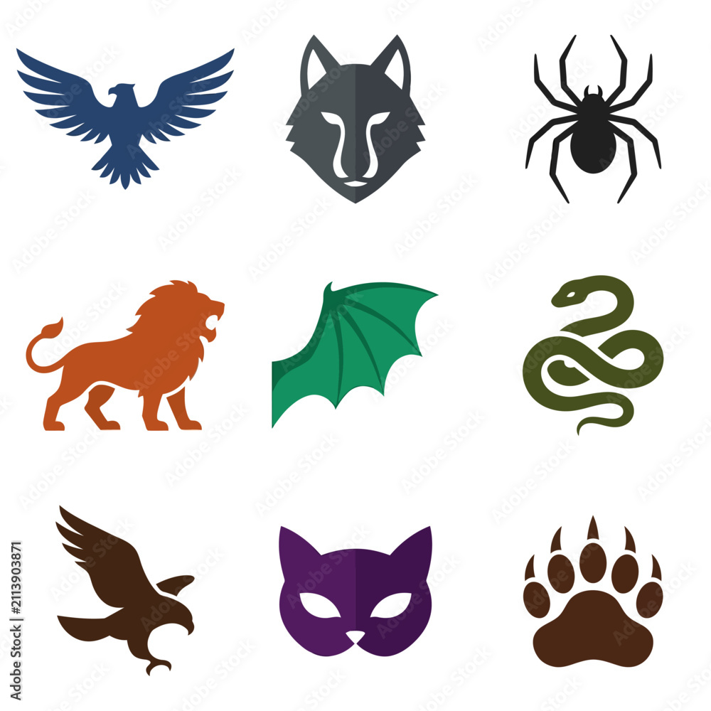 Fototapeta premium Set of colorful animal and creature icons in flat vector style
