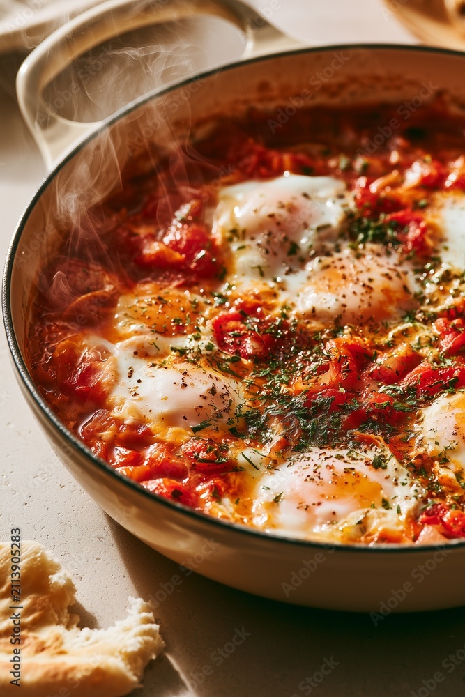 Fototapeta premium Steaming shakshuka poached eggs in tomato pepper sauce close-up