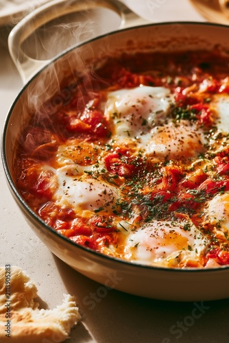 Steaming shakshuka poached eggs in tomato pepper sauce close-up