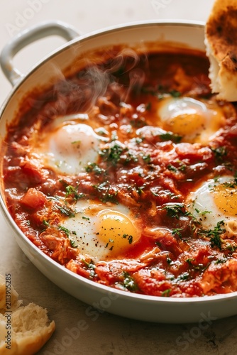 Shakshuka skillet with torn flatbread and poached eggs