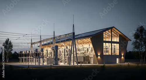 Modern Industrial Substation Building Exterior at Twilight