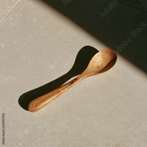 Obraz Hand-carved olive wood spoon with worn bowl on stone surface