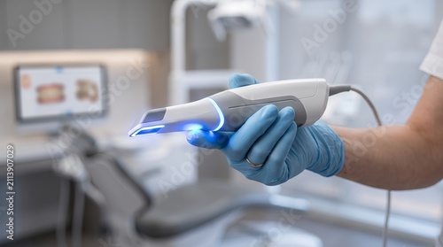 Dental intraoral scanner held by gloved clinician with bright blue LED glow