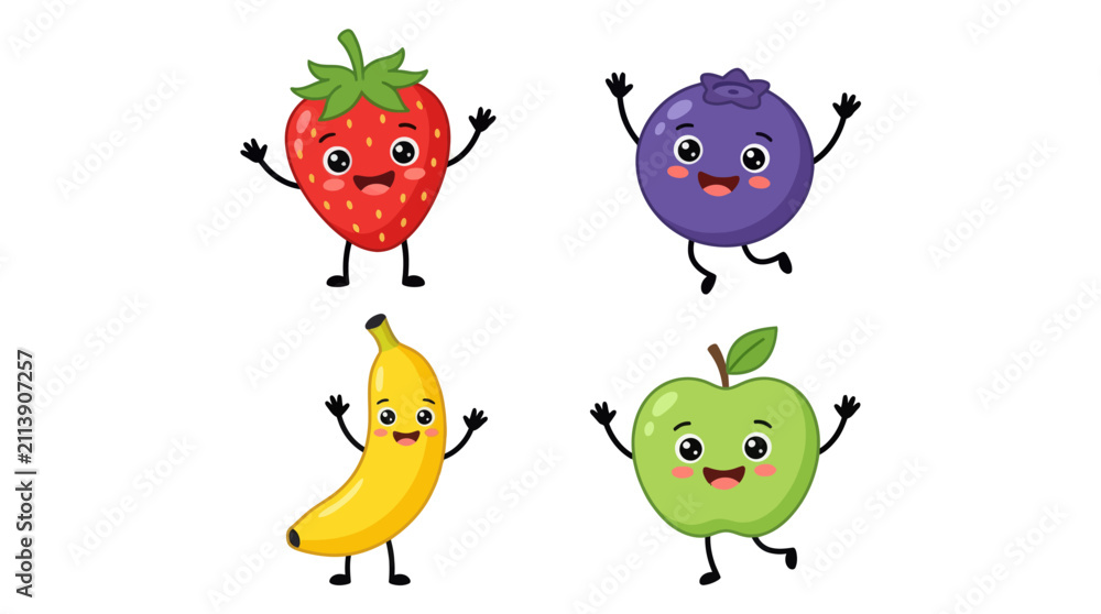 Obraz premium Cute fruit cartoon characters with happy faces set