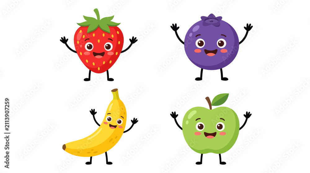 Obraz premium Cute fruit cartoon characters with happy faces set