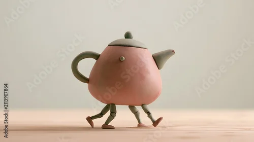 Obraz Whimsical clay teapot walking on jointed legs, claymation style
