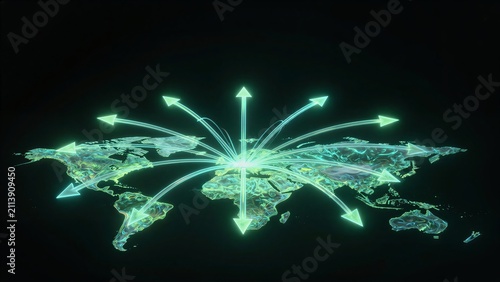 Glowing world map with arrows radiating outward, symbolizing global connectivity and growth.