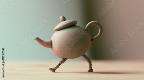 Charming ceramic teapot creature walking on jointed clay legs, pastel claymation art