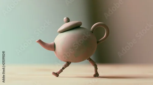 Obraz Charming ceramic teapot creature walking on jointed clay legs, pastel claymation art