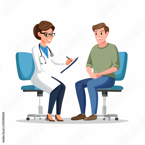 Female doctor discussing health with male patient in clinic.