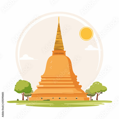 Golden pagoda landscape within circular frame